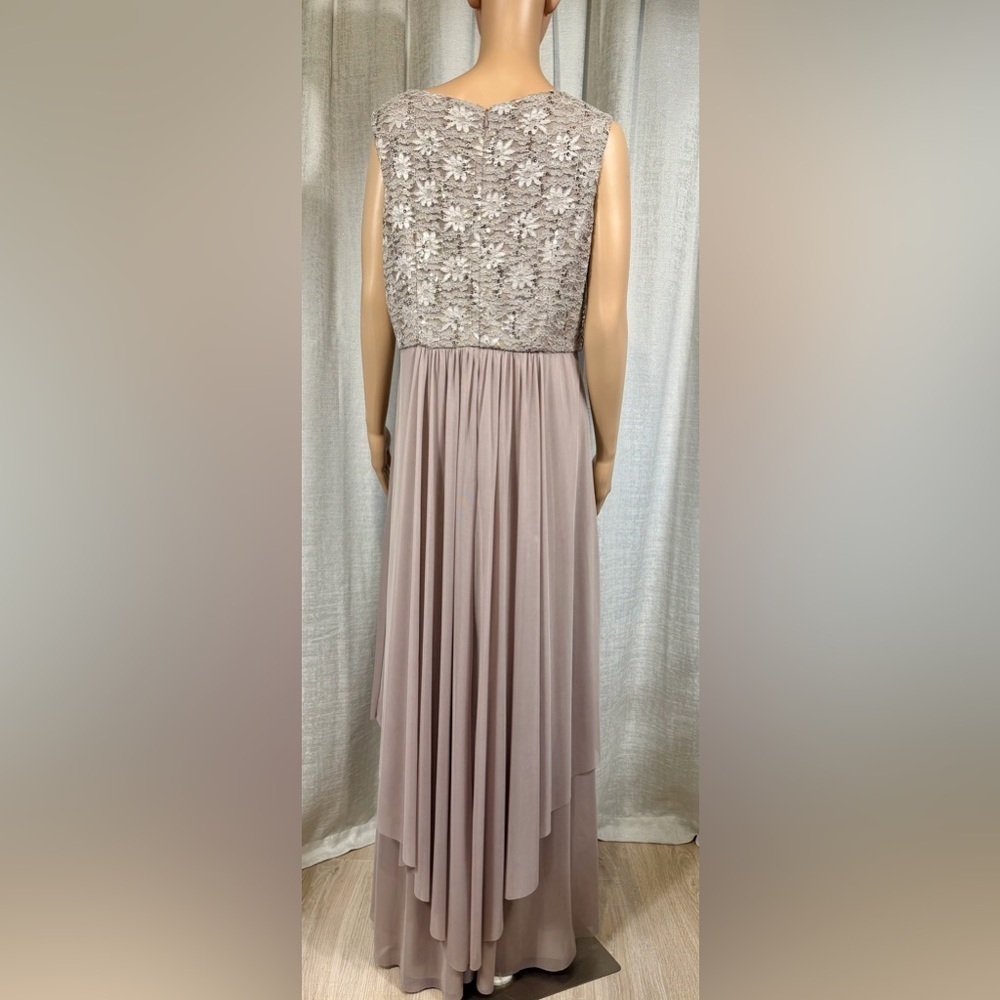 👗 R&M Richards Taupe Beaded Lace Chiffon Evening Gown – Size 14 - Picture 4 of 10